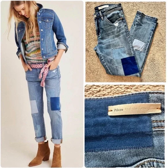 Pilcro Anthropologie Patchwork Jeans Size 27 Slim Boyfriend Light Wash Boho - Picture 12 of 12